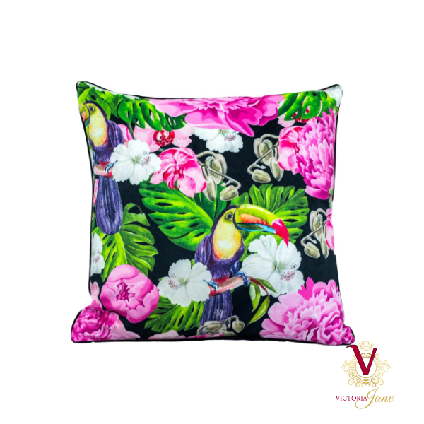 Victoria Jane - Jungle Jive Velvet Cushion tucan floral bright beautiful front