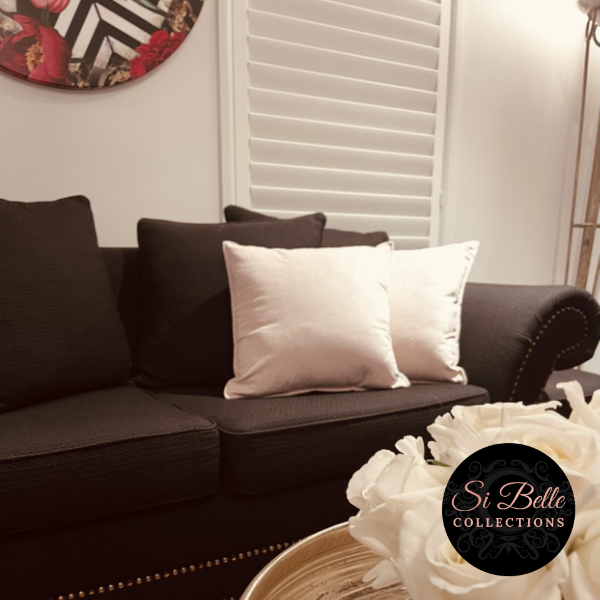 Si Belle Collections - Soft Mushroom Pink Accent Cushion styled on couch