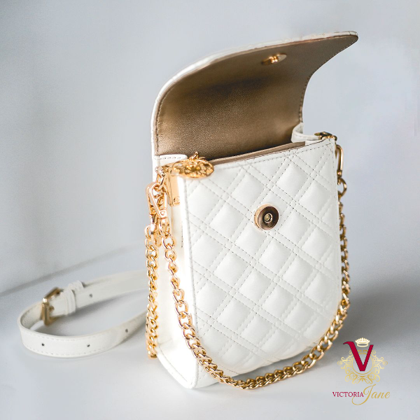 snow white and champagne metallic victoria jane cross body phone bag gold chain logo stylish new open