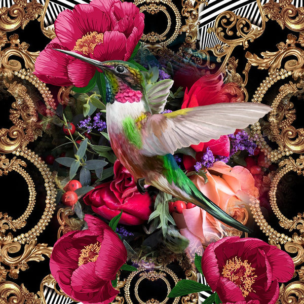 A vibrant hummingbird dances in the centre of a psychedelic pattern of peonies and stripes.