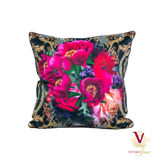 Victoria Jane - Peony Bird Velvet Cushion beautiful bold floral collage pink gold back