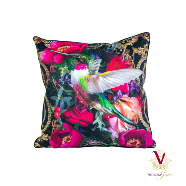 Victoria Jane - Peony Bird Velvet Cushion beautiful bold floral collage pink gold front