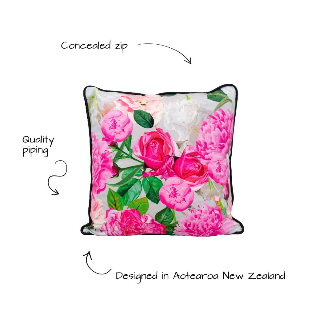 Victoria Jane - Peony Power Velvet Cushion front info