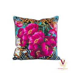 Victoria Jane - Peony Tiger Velvet Cushion zebra gold pink floral pattern collage beautiful back