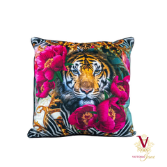 Victoria Jane - Peony Tiger Velvet Cushion zebra gold pink floral pattern collage beautiful front