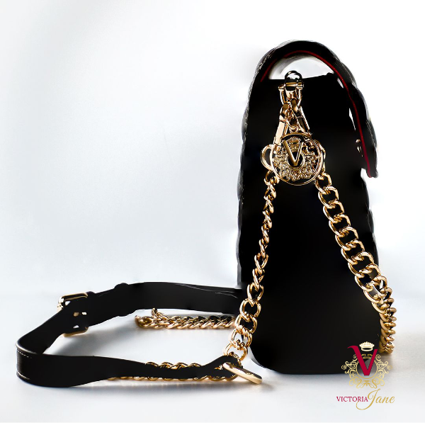 stylish victoria jane noir black raspberry red cross body phone quilted gold chain stylish side view
