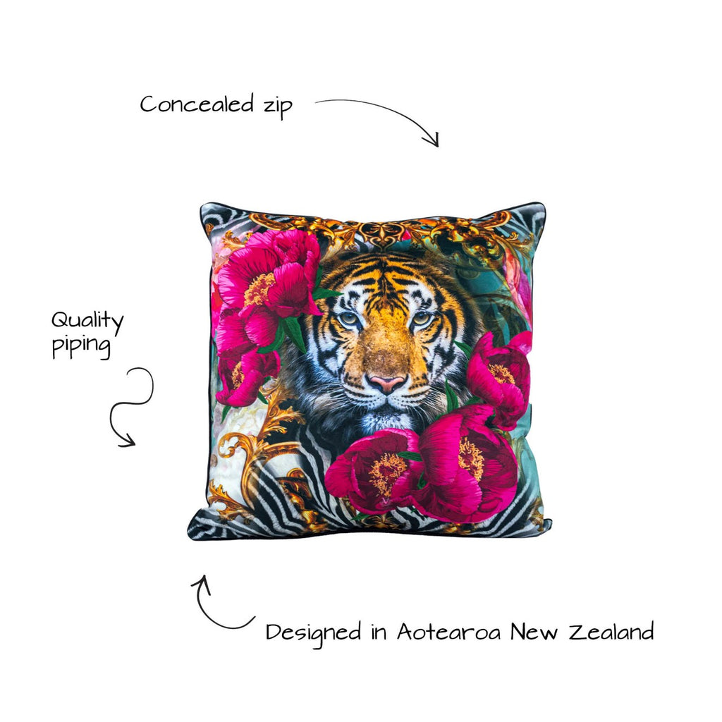 Victoria Jane - Peony Tiger Velvet Cushion front info