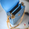 Silver satin grey and powder blue victoria jane cross body phone bag gold chain logo stylish new top view