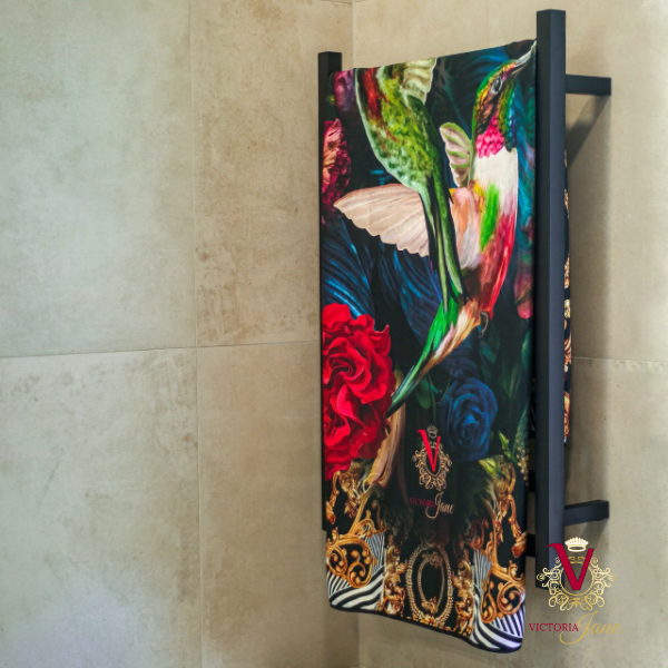 Victoria Jane - rose bird high quality polyester microfibre Towel bright vibrant Forest Fantasy Collection, towel rack lifestyle