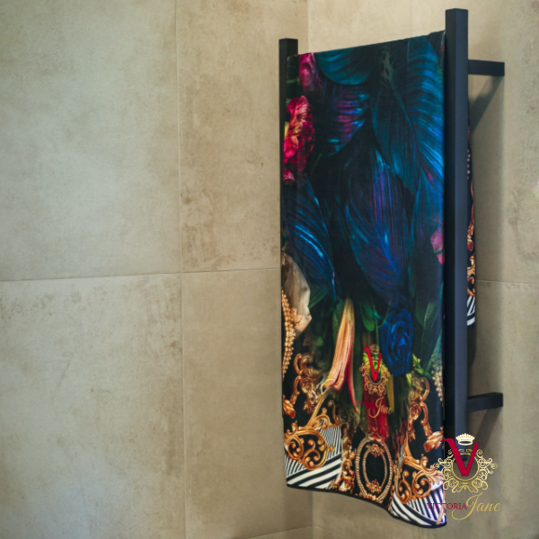 Victoria Jane - Rose Bird Bathroom Art Towel - Forest Fantasy Collection high quality polyester microfibre Towel bright vibrant, beautiful floral pattern back of towel forrest jewel on towel rack