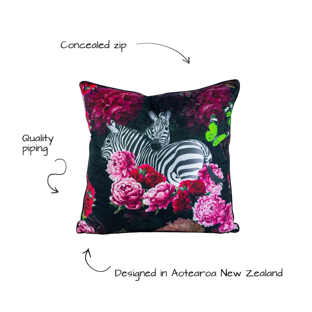Victoria Jane - Zebra Rose Velvet Cushion butterfly floral bright bold beautiful front info