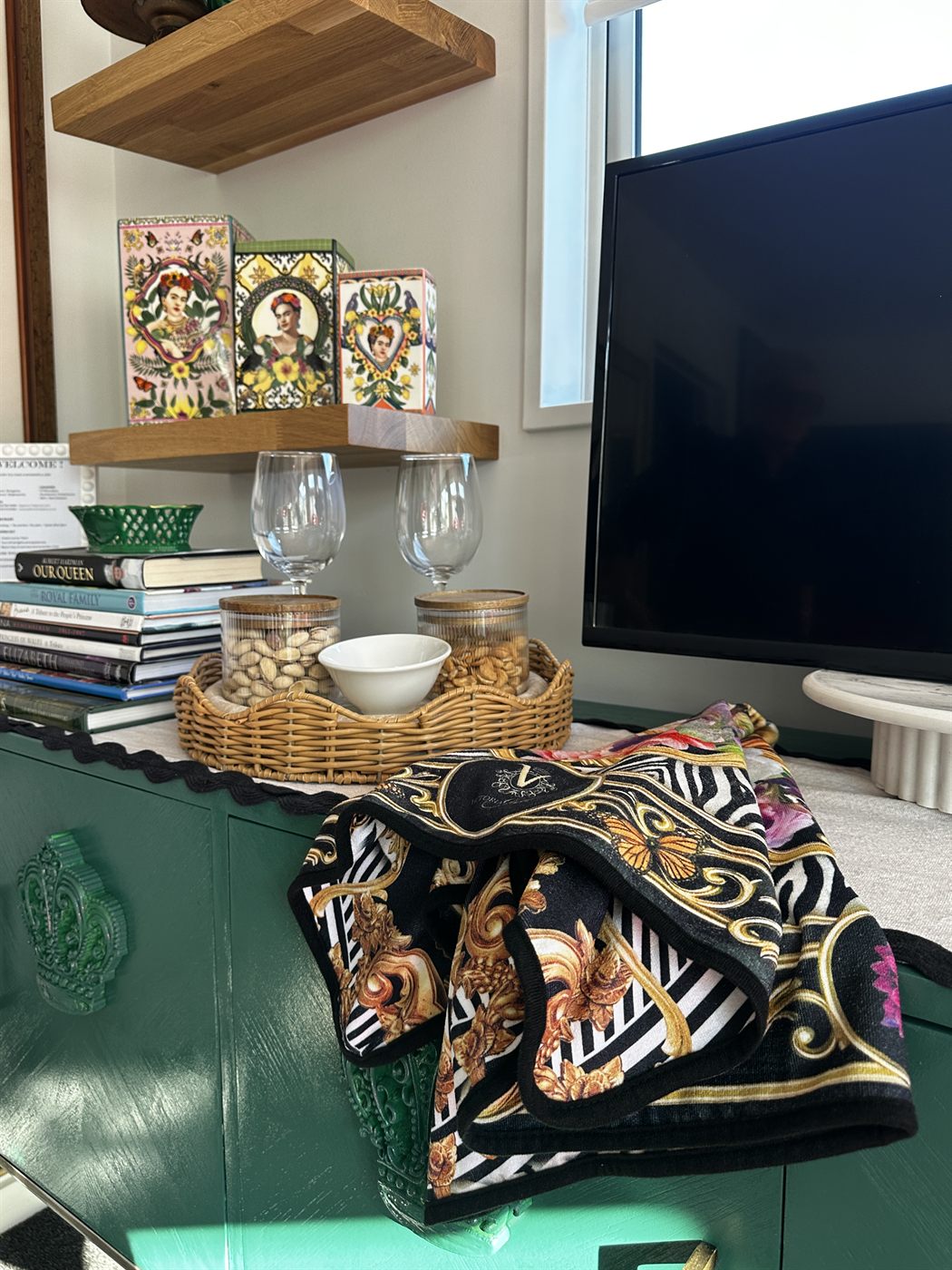 Styling cloths layered on a console
