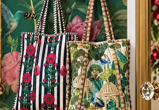 Victoria Jane quilted tote bags on botanical wallpaper