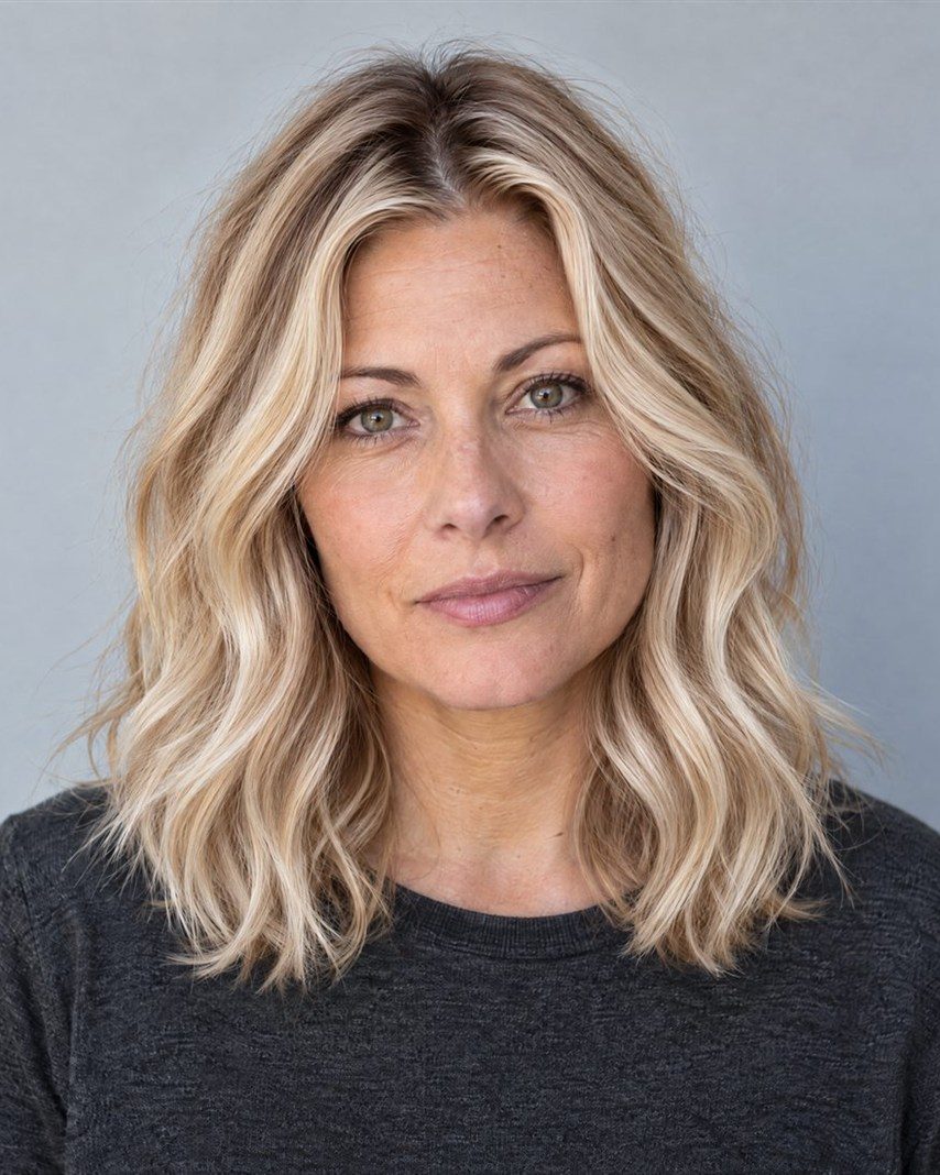 The same woman after colour correction, with clean, dimensional champagne-creamy blonde