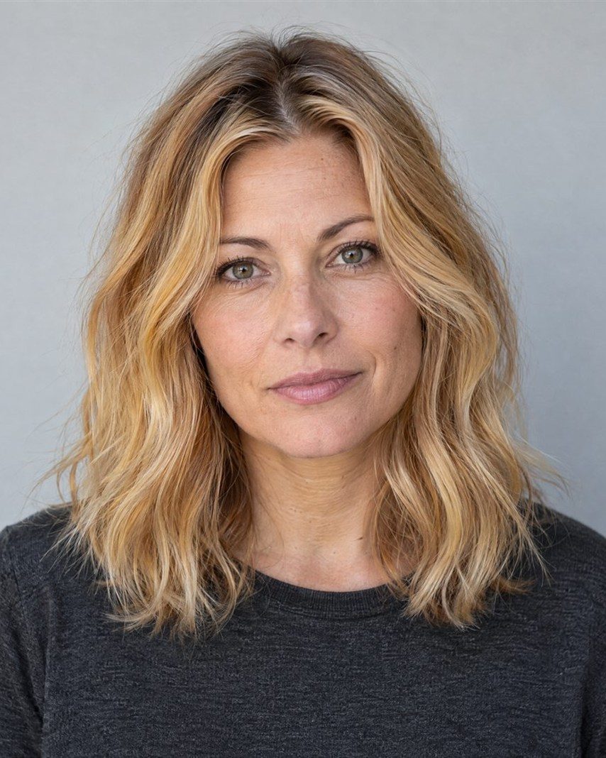 A woman with uneven, brassy blonde with orange and yellow tones and visible banding