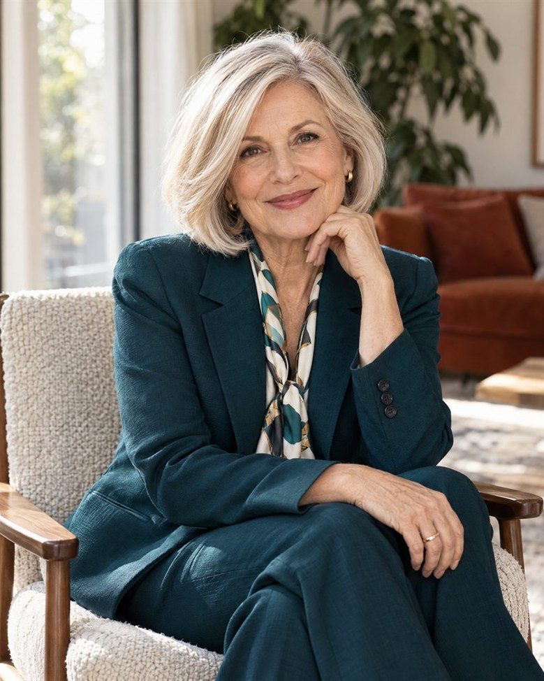 A woman in her sixties with a glossy silver and champagne blonde bob