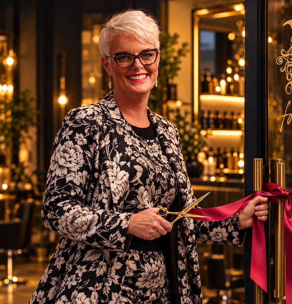 Vicki in the new salon, cutting the burgundy ribbon with gold scissors