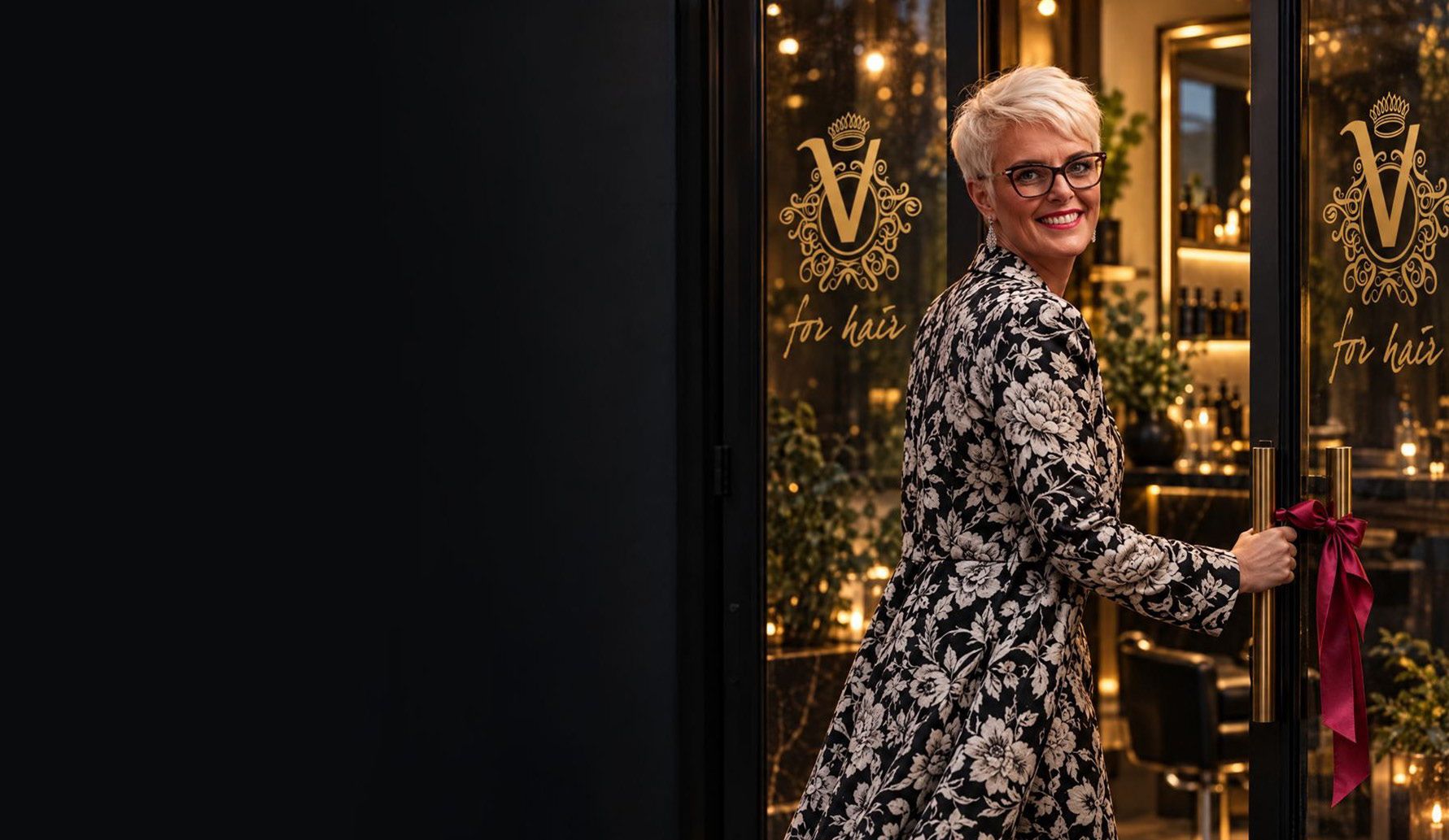 Vicki Ogden-O’Fee opening the glass doors of the new V For Hair salon, a burgundy ribbon on the door handle