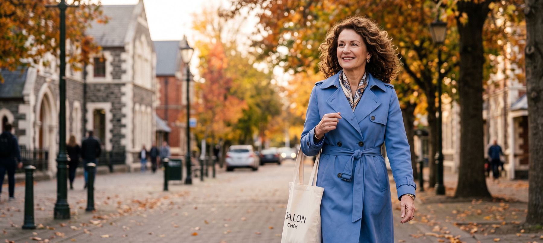 A woman with curls walking down a Christchurch street in autumn