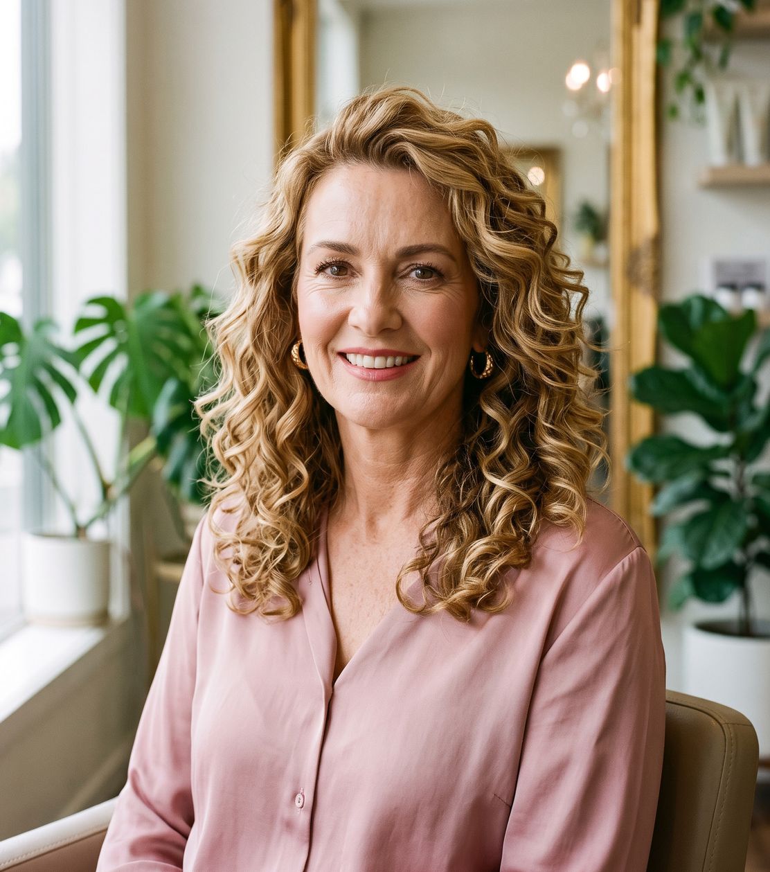 A smiling client with soft, defined curls at V For Hair, Christchurch
