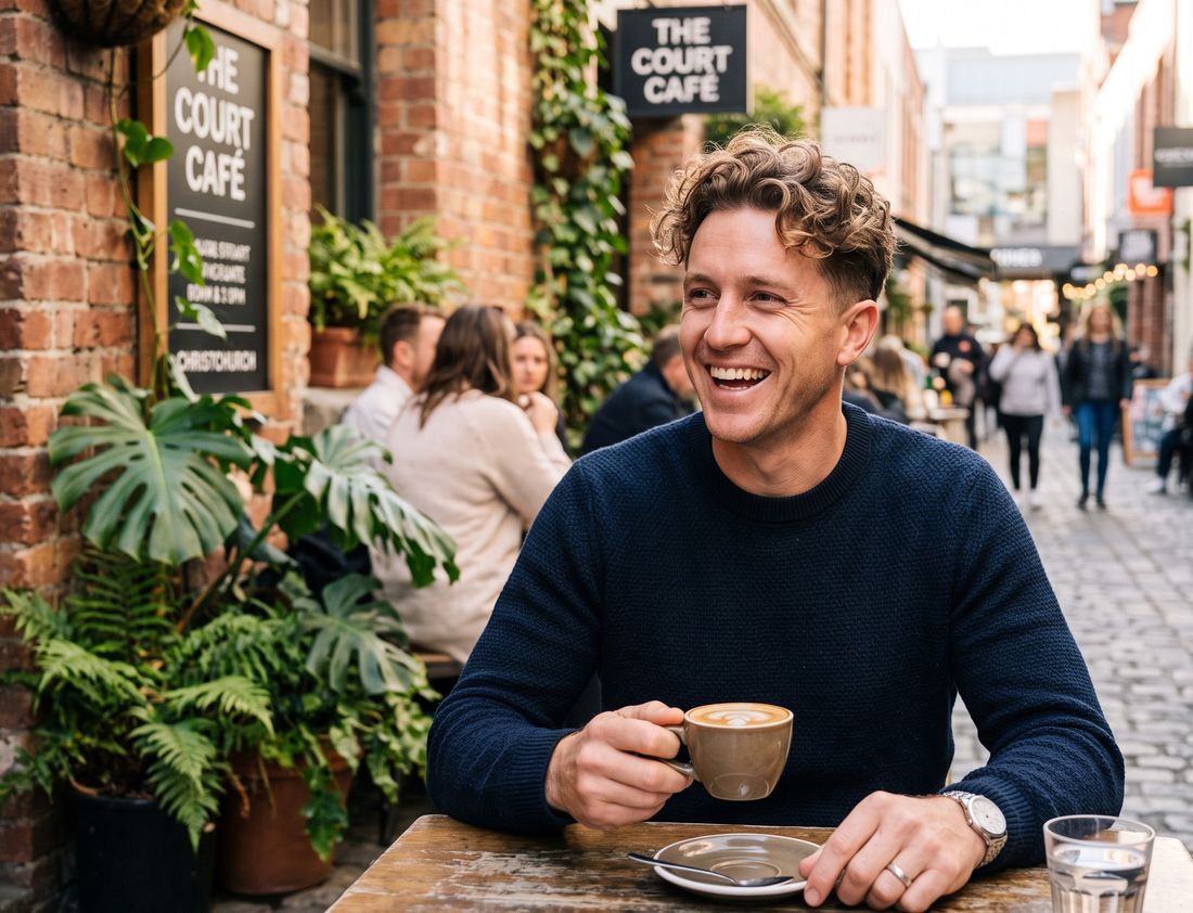 A man with a textured, curly top perm laughing over coffee in a Christchurch laneway