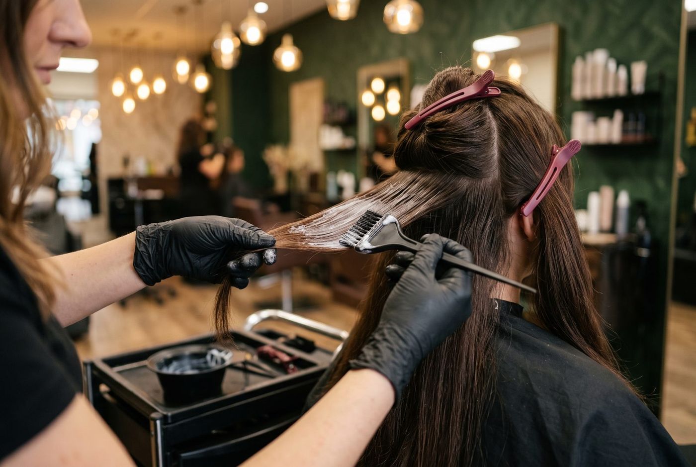 Stylist applying a professional hair smoothing treatment at V For Hair