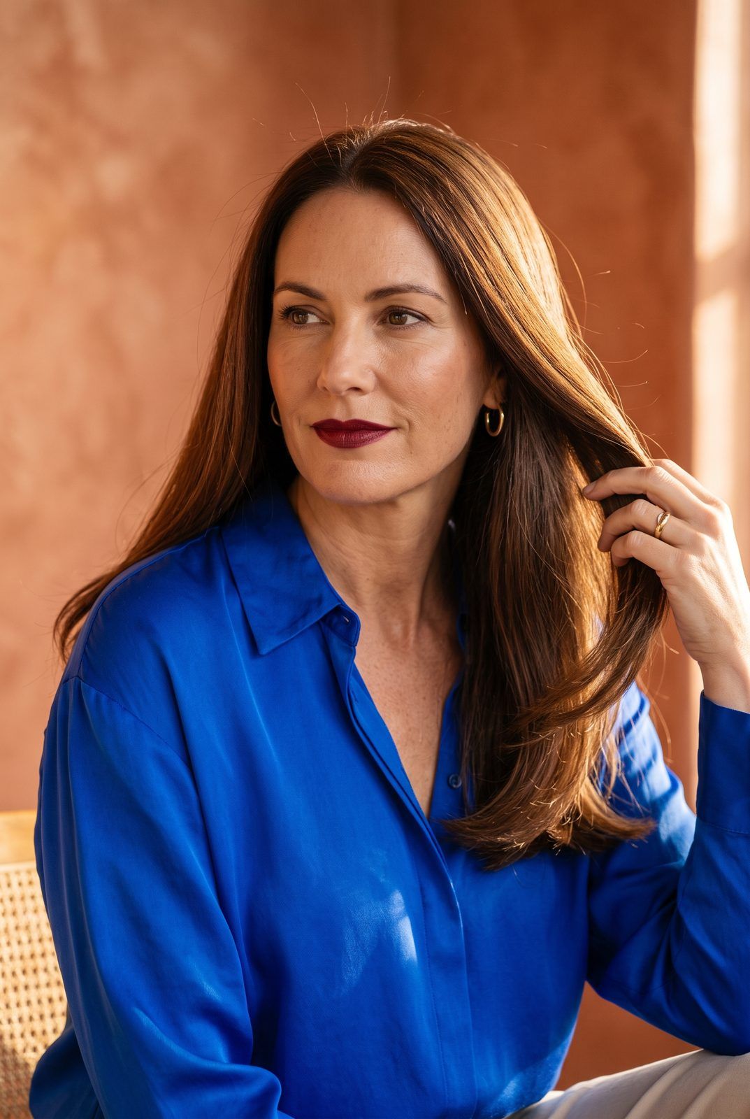 Woman with long, smooth, glossy hair after a professional hair smoothing treatment in Christchurch