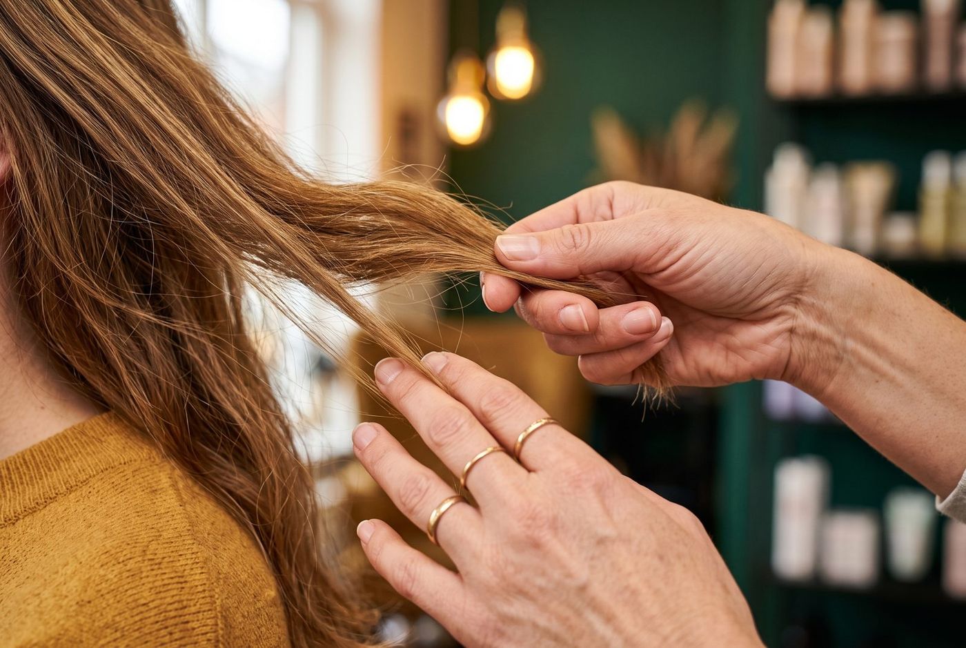 Hairdresser assessing hair texture and porosity before a smoothing treatment