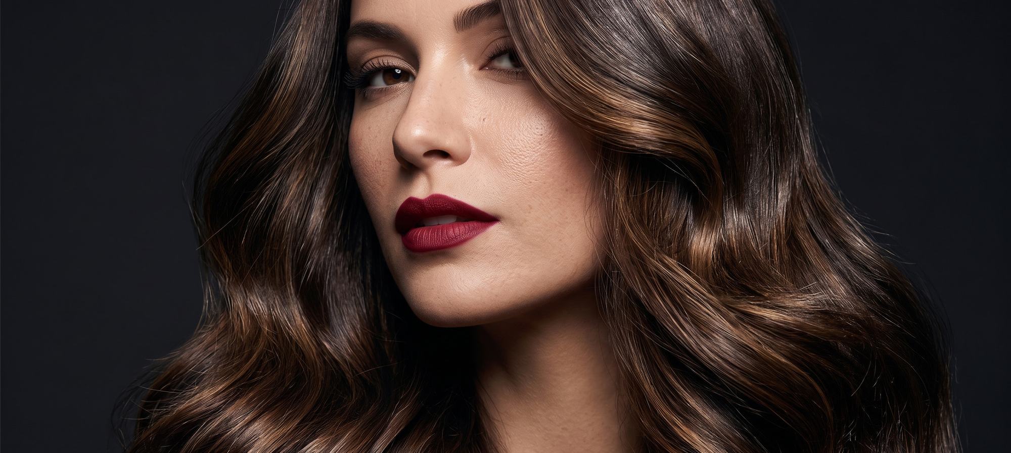 Woman with glossy brunette waves styled at home with professional hair tools