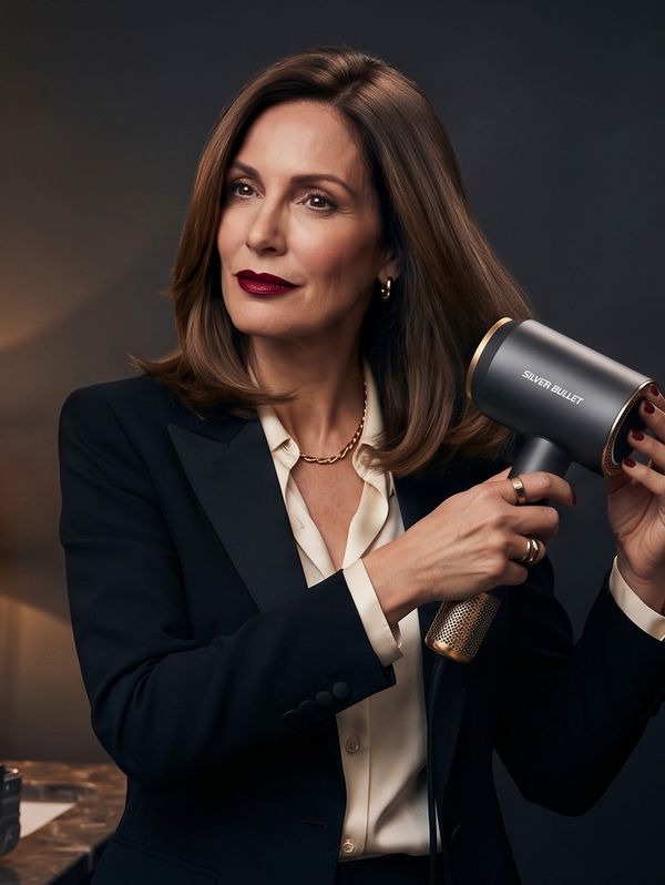 Professional woman in a black blazer drying her hair with the Silver Bullet Spectre hair dryer