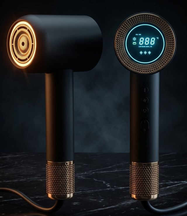 Professional hair dryer with a digital display on a dark background