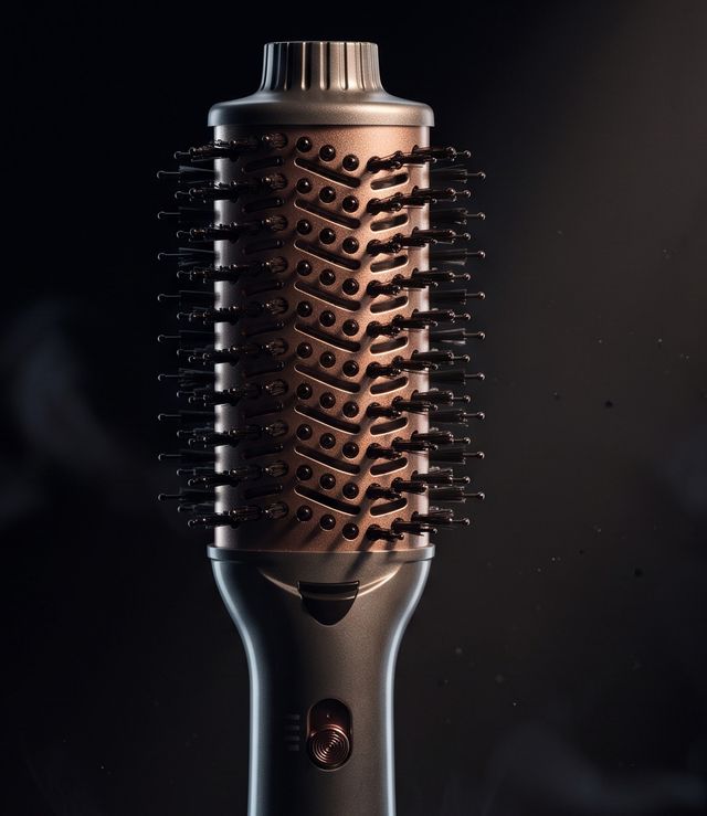 Close-up of a hot air styling brush with a rose-gold barrel