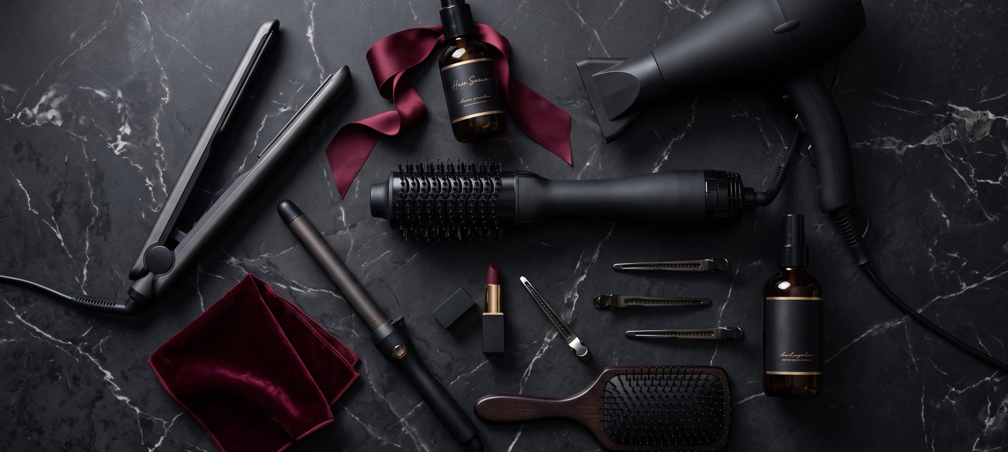Flat lay of a hair straightener, curling wand, hot air brush, hair dryer and salon styling products on black marble