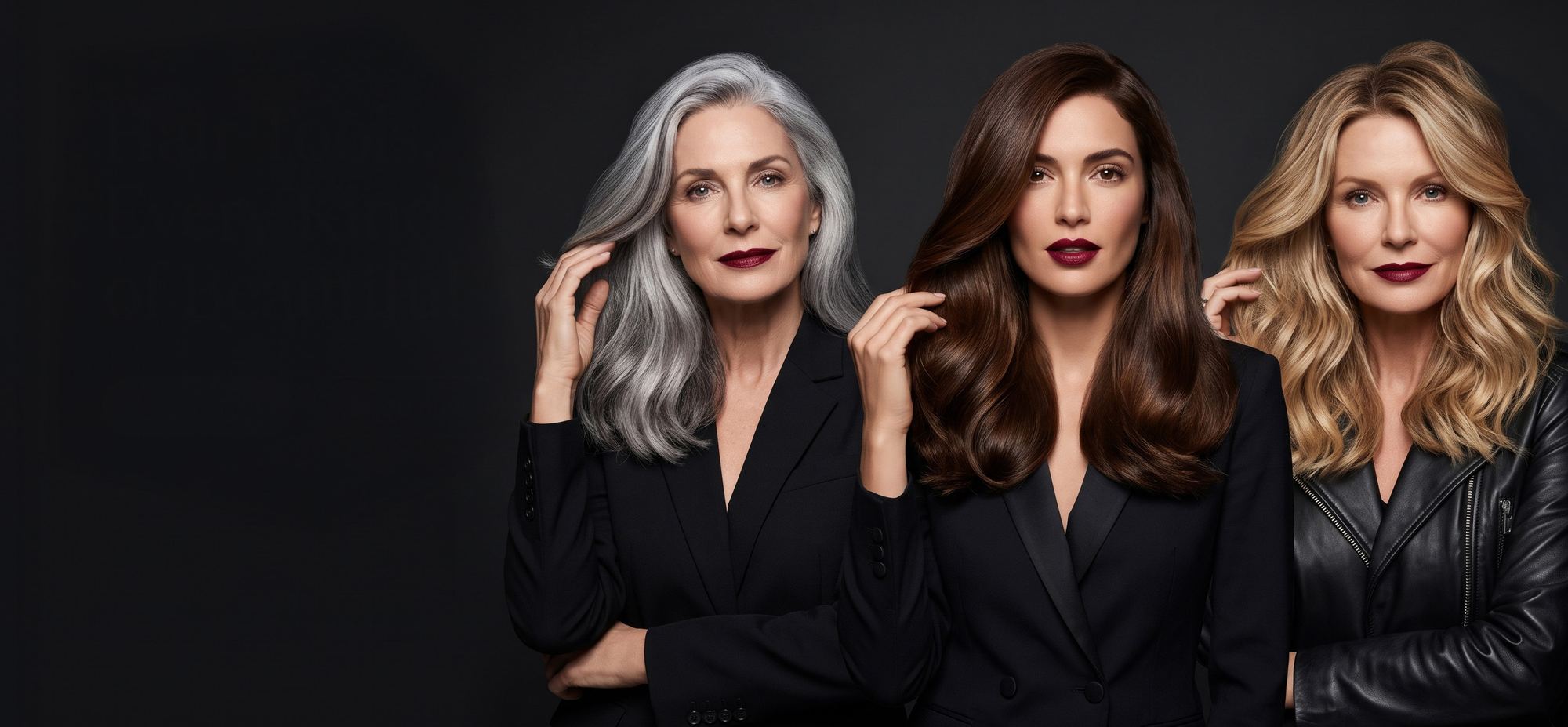 Three women with styled silver, brunette and blonde hair, finished with professional hair tools