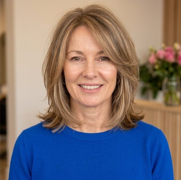 After: the same woman with a layered, face-framing cut, in the same light