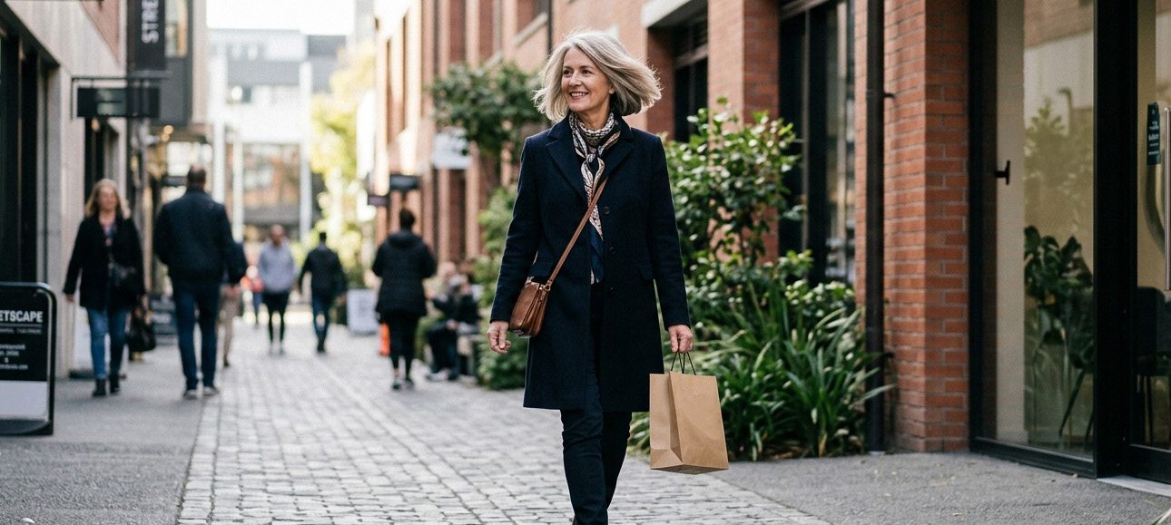 A woman walking through a Christchurch laneway with a freshly cut bob